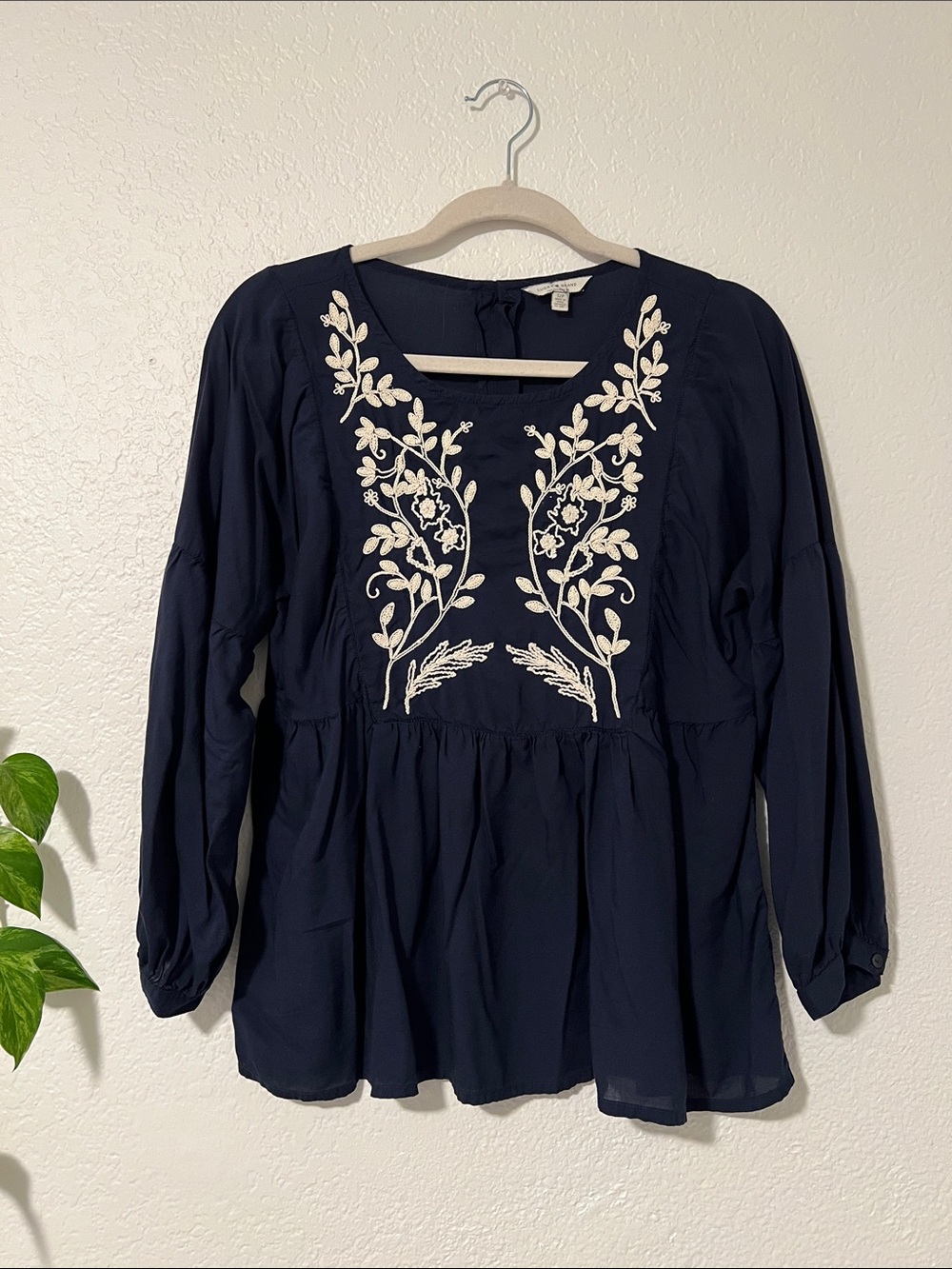 Lucky Brand Navy Tunic with Cream Floral Embroidery